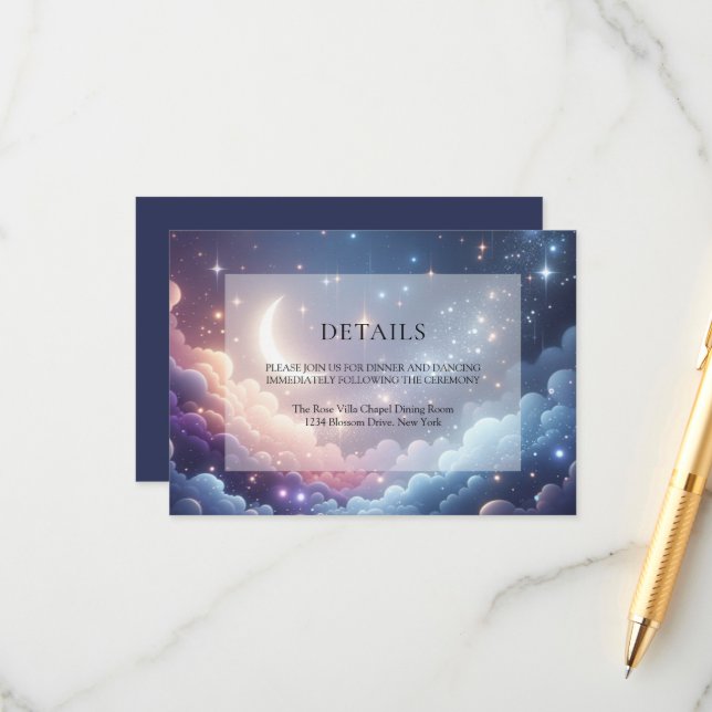 Cartão De Informações Celestial Moon Stars Blue Casamento Detalhes (Frente/Verso In Situ)