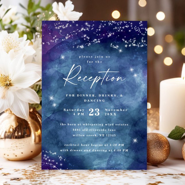 Cartão De Informações Célula Elegante Celestial Starry Night Reception (Invite guests to your celebration with the Celine reception card, featuring a celestial monogram.)