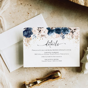 Cartão De Informações Cerimônia de Casamento Azul Marinho e Rosa Empoeir