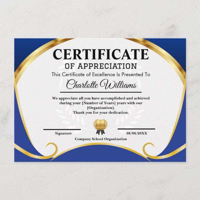 Cartão De Informações Certificate of Appreciation Blue Gold Elegant (Frente)