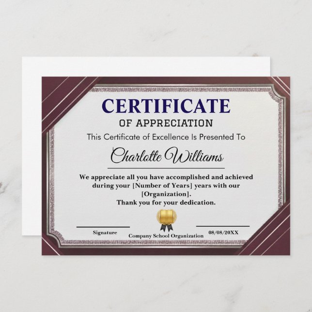 Cartão De Informações Certificate of Appreciation Professional Elegant (Frente/Verso)