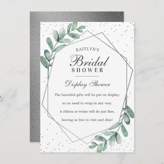 Cartão De Informações Chá de Bebê Geométrico Prata com Eucalipto (Frente/Verso)