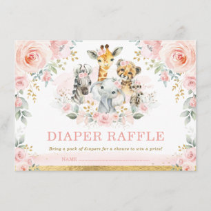 Cartão De Informações Chá de Bebê Menina Safari Rosa Diaper Raffle