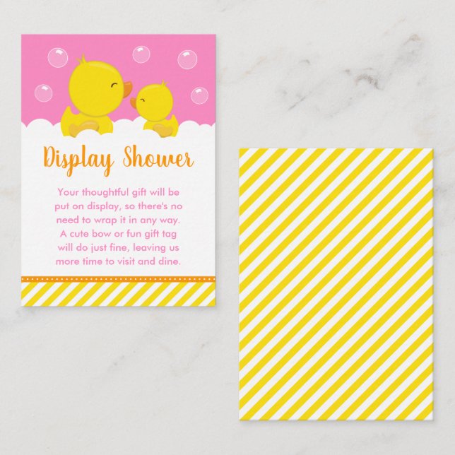 Cartão De Informações Chá de Exibição Amarelo e Rosa Ducky (Frente/Verso)