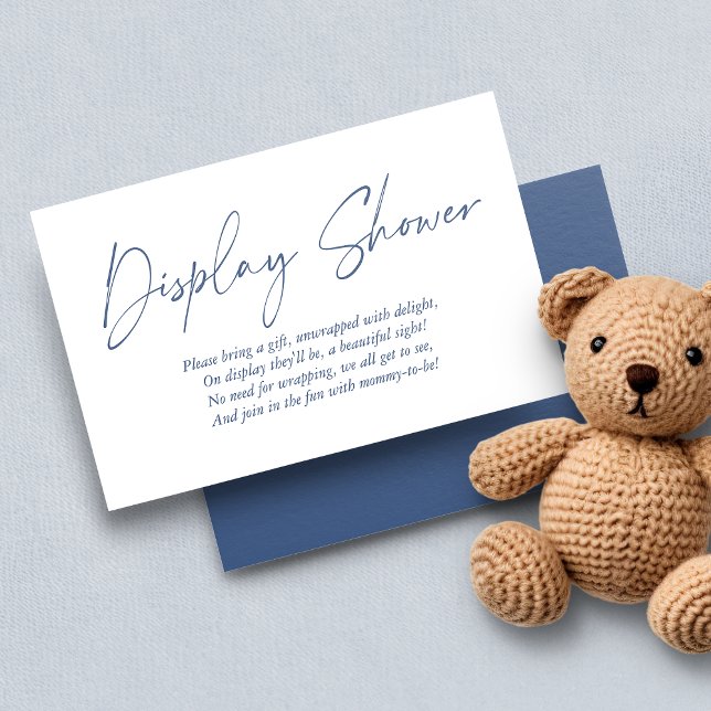 Cartão De Informações Chá de exibição com manuscrito azul moderno (Modern Blue Display Shower - Baby Shower Enclosure cards)