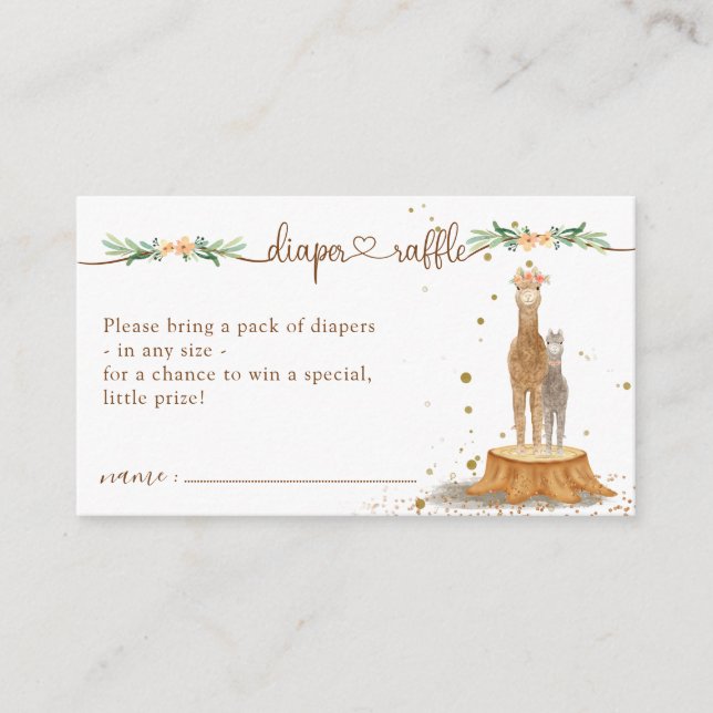 Cartão De Informações Chá de fraldas Alpaca - Nova Fralda Raffle (Frente)