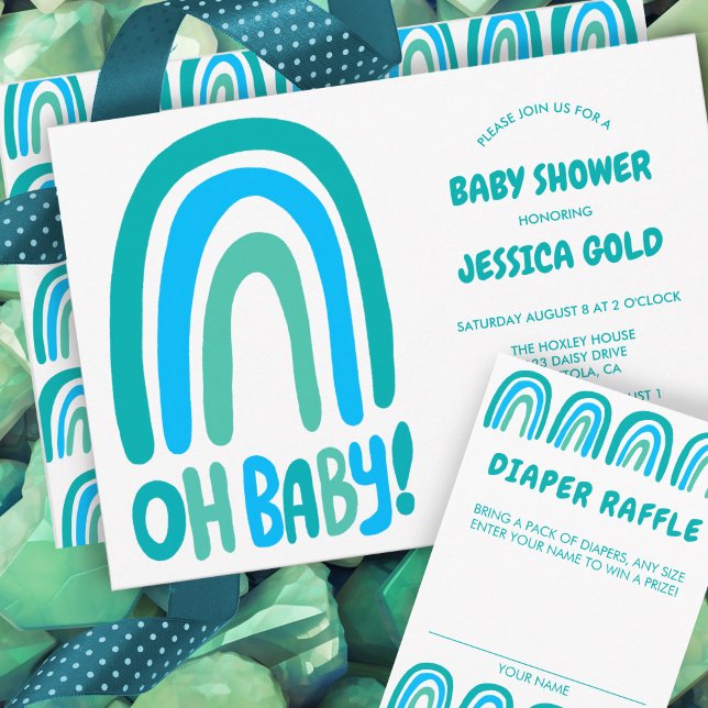 Cartão De Informações Chá de fraldas Azul-Arco-Íris Doce PERSONALIZADO (OH BABY SHOWER Sweet Blue Rainbow CUSTOM Enclosure Card
)