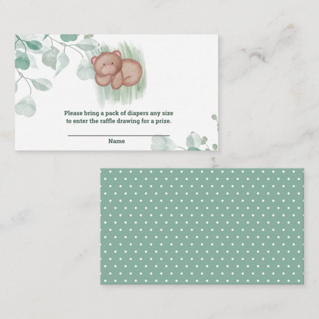 Cartão De Informações Chá de fraldas Branco Verde de Urso Cento (Frente/Verso)