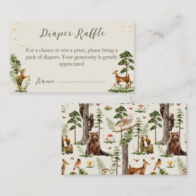 Cartão De Informações Chá de fraldas da Woodland Animal Fralda Raffle (Frente/Verso)