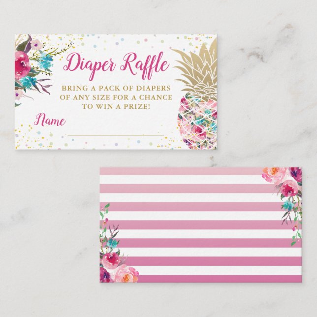 Cartão De Informações Chá de fraldas de abacaxi-rosa Aloha Raffle (Frente/Verso)