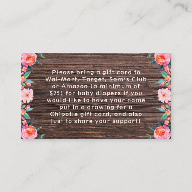 Cartão De Informações Chá de fraldas de Aquarela Floral Rosa Russo (Frente)