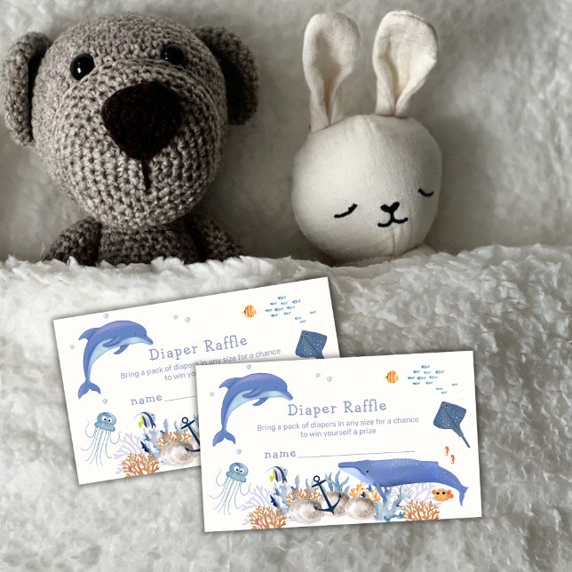 Cartão De Informações Chá de fraldas de Fralda de Baleia de Golfinho Azu (Blue Cute Dolphin Whale Diaper Raffle Baby Shower Enclosure Card)