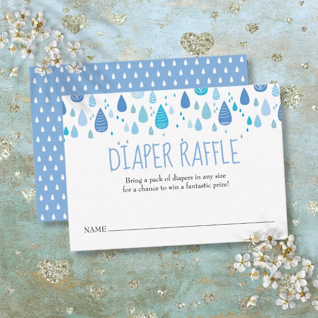 Cartão De Informações Chá de fraldas de Fralda de Raffle  azul-escura (Cute Blue Raindrops Diaper Raffle Baby Shower Enclosure Card)