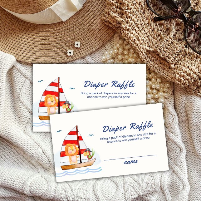Cartão De Informações Chá de fraldas de Fralda de Raffle do Leão Náutico (Nautical Lion Sailboat Diaper Raffle Baby Shower Enclosure Card)