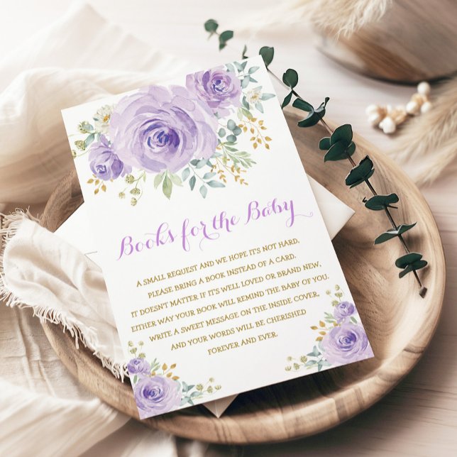 Cartão De Informações Chá de fraldas De Garota Floral Púrpura Da Aquarel (Criador carregado)