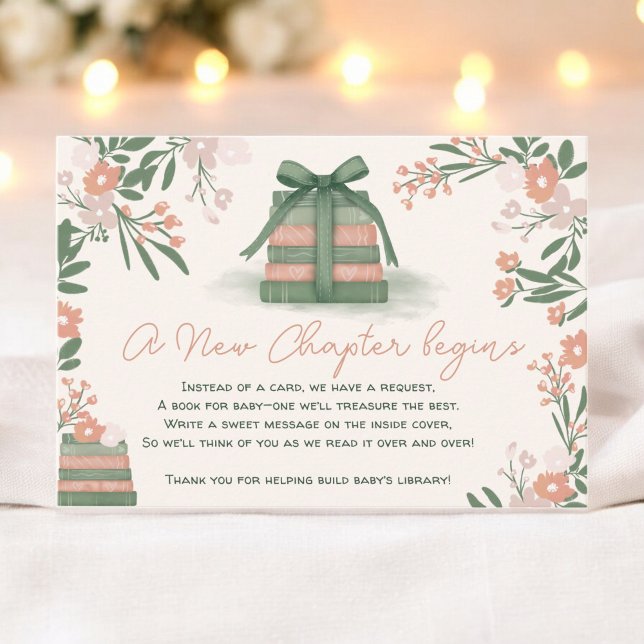 Cartão De Informações Chá de fraldas de Livros do Novo Capítulo do Whims (Whimsical Sage green New Chapter Books Baby Shower Enclosure Card)