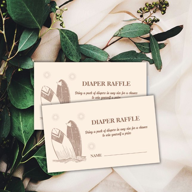 Cartão De Informações Chá de fraldas de Raffle com Fralda de surfboard n (Neutral Boho Surfboard Diaper Raffle Baby Shower Enclosure Card)