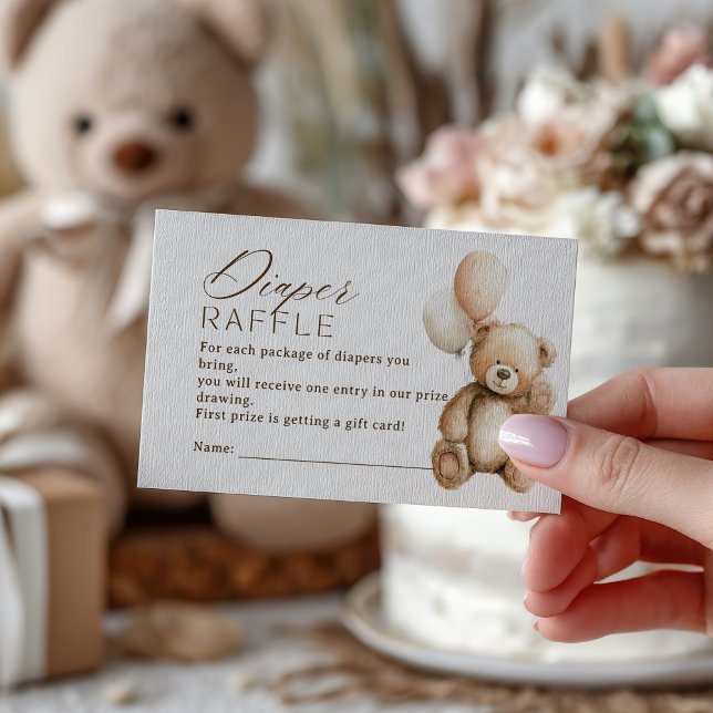 Cartão De Informações Chá de fraldas de Raffle com Fralda de Urso Núcleo (Neutral Boho Teddy Bear Diaper Raffle Baby Shower Enclosure Card)