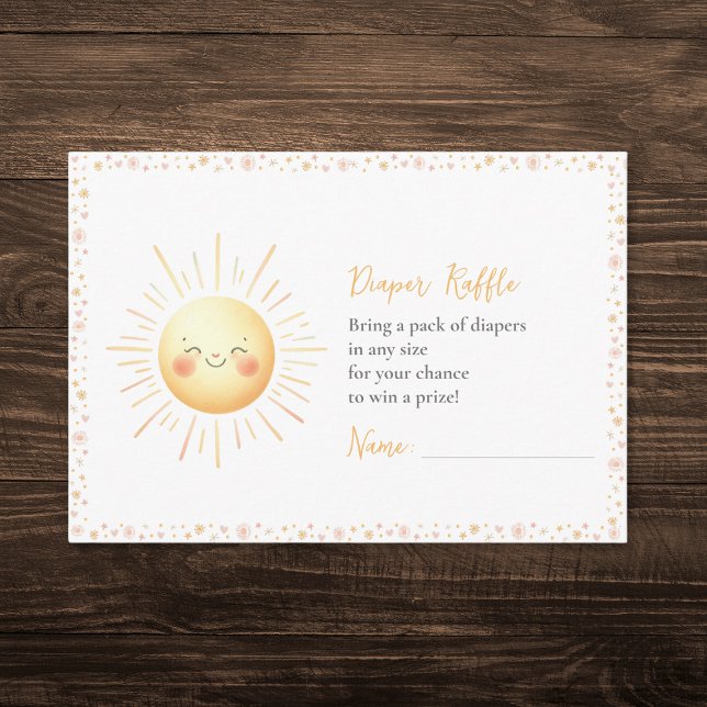 Cartão De Informações Chá de fraldas de Raffle com Themed Fralda Sunshin (Adorable diaper raffle card featuring a cute smiling sun for a here comes the son baby shower.)