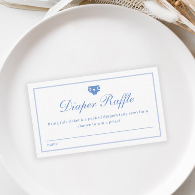 Cartão De Informações Chá de fraldas de Raffle Fralda Azul Elegante (Elegant Blue Script Diaper Raffle Boys Baby Shower Enclosure Card.)