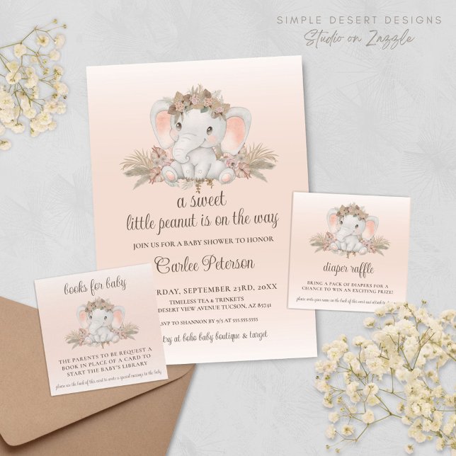 Cartão De Informações Chá de fraldas Elefante Moderno Raffle (Cute Elephant Baby Shower Card Inserts for Diaper Raffle and Book Request Cards with Invitation)