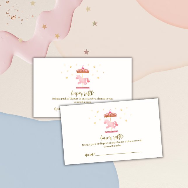 Cartão De Informações Chá de fraldas Elegante Dourado da Fralda Carrosse (Gold Elegant Carousel Diaper Raffle Baby Shower Enclosure Card)