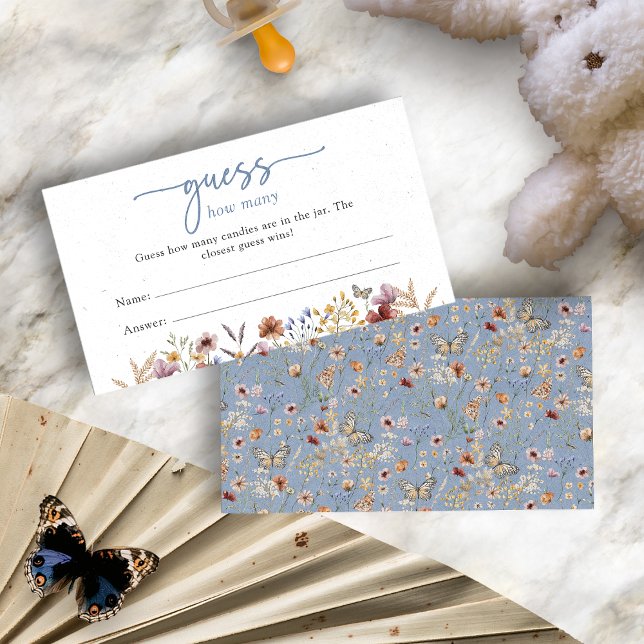 Cartão De Informações Chá de fraldas Floral Blue Boho (Dusty Blue Boho Floral Guess How Many Baby Shower Enclosure Card by Painted Paperie
)