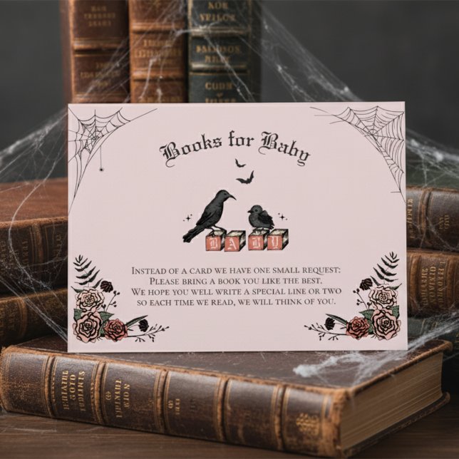 Cartão De Informações Chá de fraldas Gótico Rosa Bebê Raven Livros para  (Cute Floral Gothic Halloween Baby Shower Books for Baby Pink Enclosure Card. Black Raven & Baby Bird)