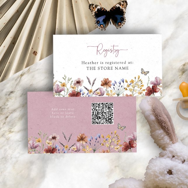 Cartão De Informações Chá de fraldas Rosa de Flores Selvagens (Dusty Pink Wildflowers Baby Shower Enclosure Card with QR Code by Painted Paperie
)