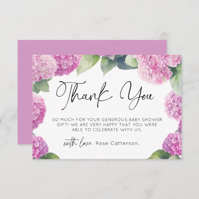 Cartão De Informações Chá de fraldas Rosa Hydrangea Obrigado (Frente/Verso)