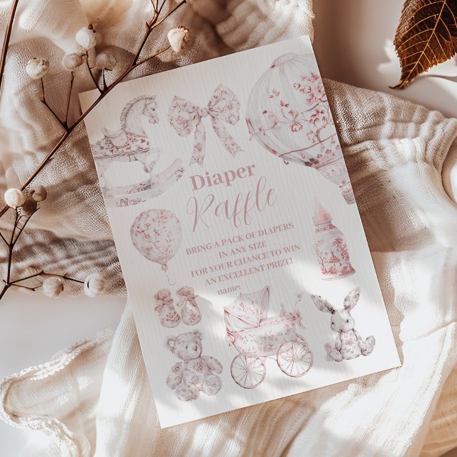 Cartão De Informações Chá de fraldas Rosa Toile De Jouy Toys Raffle (Criador carregado)