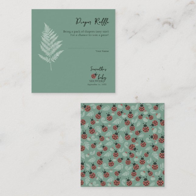 Cartão De Informações Chá de fraldas Verde Raffle, Forest Ladybugs (Frente/Verso)