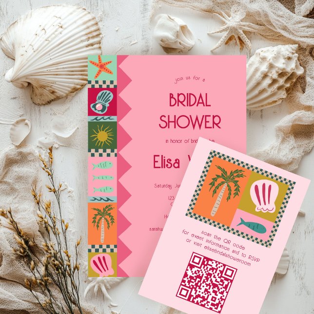 Cartão De Informações Chá de Noiva à Beira-Mar Sofisticado Fofo QR PERSO (Seaside Soiree Bridal Shower Modern Cute CUSTOM Enclosure Card
)
