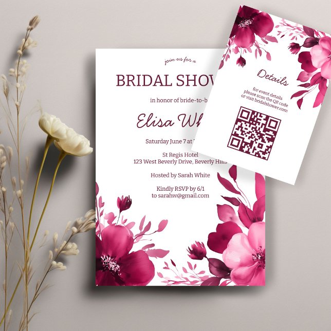 Cartão De Informações Chá de Noiva Aquarela Flores Cor-de-Rosa QR PERSON (Pink Blooms Watercolor Bridal Shower CUSTOM QR Enclosure Card
)