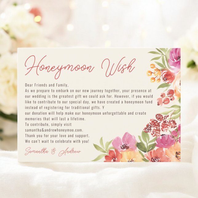 Cartão De Informações Chá de Noiva Boho Floral Lua de Mel Fundo (Boho Floral Honeymoon Fund Bridal Shower Enclosure Card)