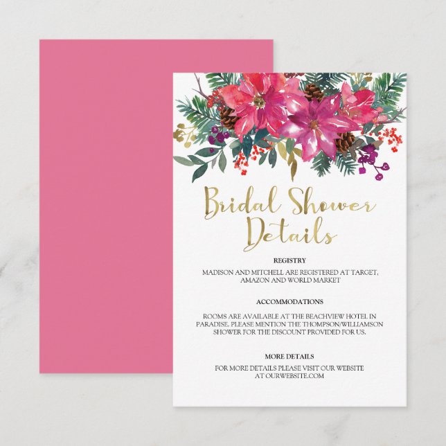 Cartão De Informações Chá de Noiva de Natal com Poinsettia Rosa (Frente/Verso)