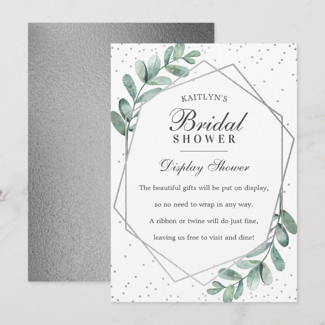 Cartão De Informações Chá de Noiva Geométrico Prata de Eucalipto (Frente/Verso)