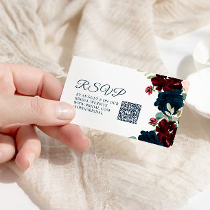 Cartão De Informações Chá de Noiva Rústico Burgundy & Navy QR RSVP