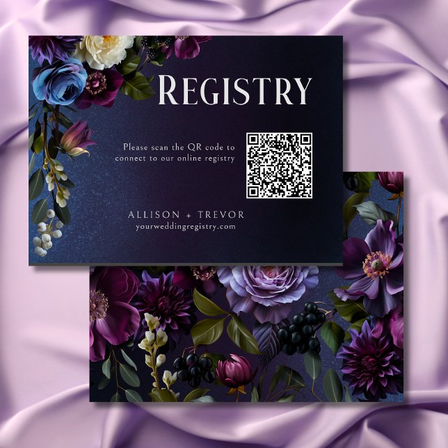 Cartão De Informações Chá de panela Azul Escuro e Floral Púrpura (Dark Blue & Purple Floral Moody Bridal Shower Enclosure Card)