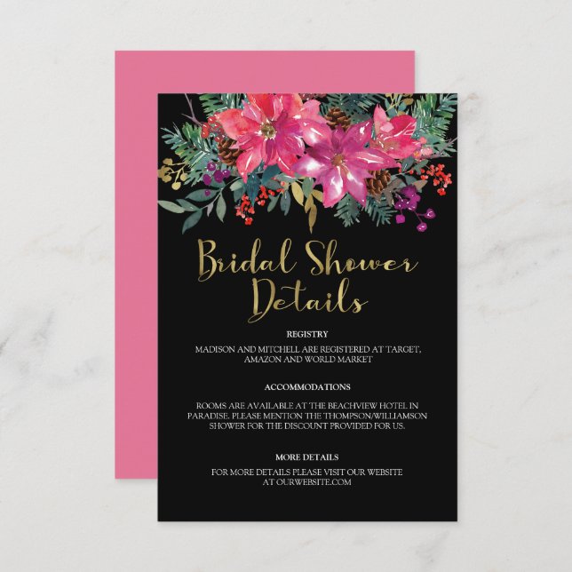 Cartão De Informações Chá de panela de Natal de Poinsettia Rosa (Frente/Verso)