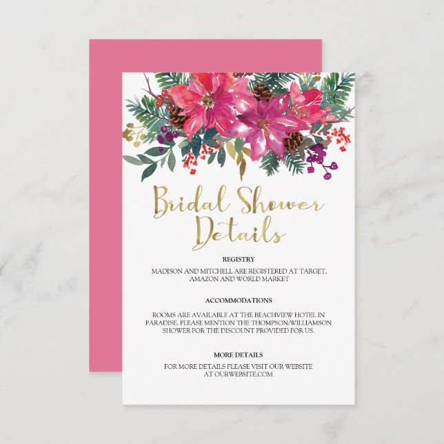 Cartão De Informações Chá de panela de Natal de Poinsettia Rosa (Frente/Verso)