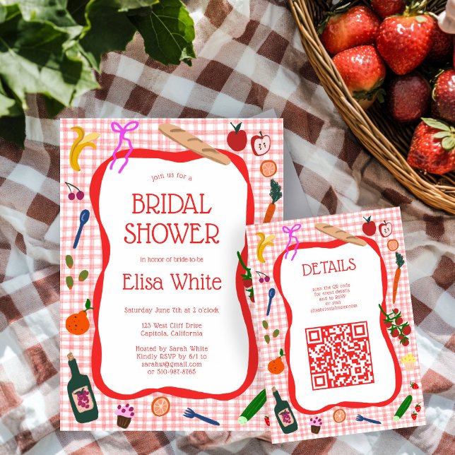 Cartão De Informações Chá de panela de QR PERSONALIZADO de Gingham Picni (Gingham Picnic Modern Cute CUSTOM QR code Bridal Shower Enclosure Card
)