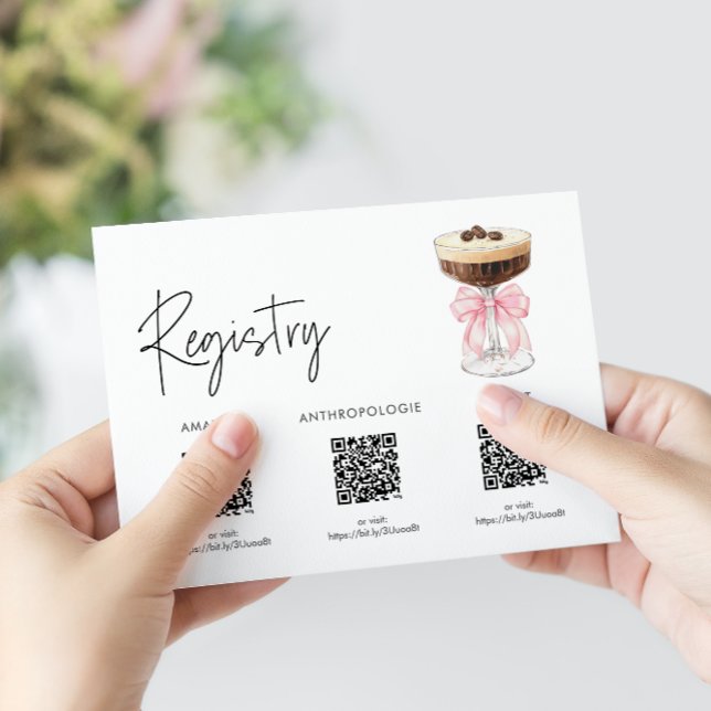 Cartão De Informações Chá de panela Espresso Martini, Arco rosa - Regist (Pink Bow Espresso Martini Bridal Shower - Registry Enclosure Card)