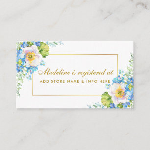Cartão De Informações Chá Watercolor Blue Floral Dourado Registro Inseri