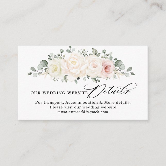 Cartão De Informações Champanhe Ivory Blush Floral Site de Casamento Ros (Frente)