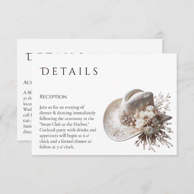 Cartão De Informações Chapéu branco com flores Detalhes do casamento (Frente/Verso)