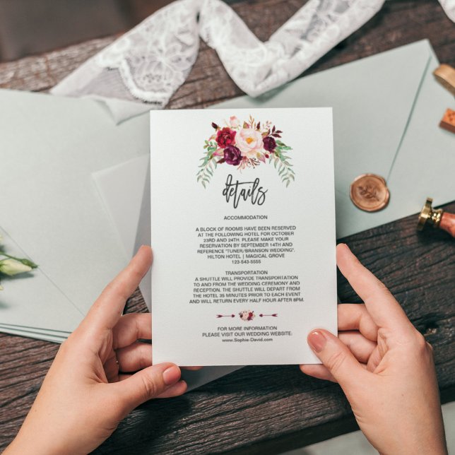 Cartão De Informações Charm Burgundy Floral Wedding Detalhes (Criador carregado)