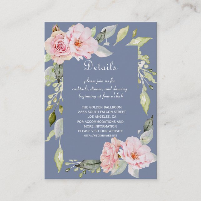 Cartão De Informações Charm Pink Floral Dusty Casamento Azul (Frente)