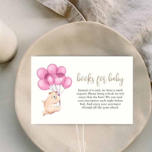 Cartão De Informações Chás de fraldas De Balões Rosa De Urso Gelado Para (Cute Bear Pink Balloon Baby Shower Books For Baby Enclosure Card)