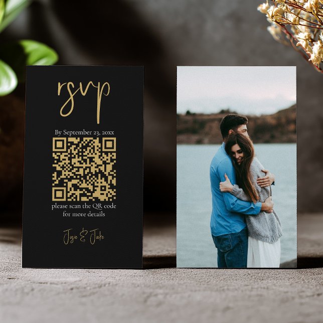 Cartão De Informações Cheio foto ouro QR código preto casamento RSVP (Gold and black qr code rsvp insert card with full cover photo)